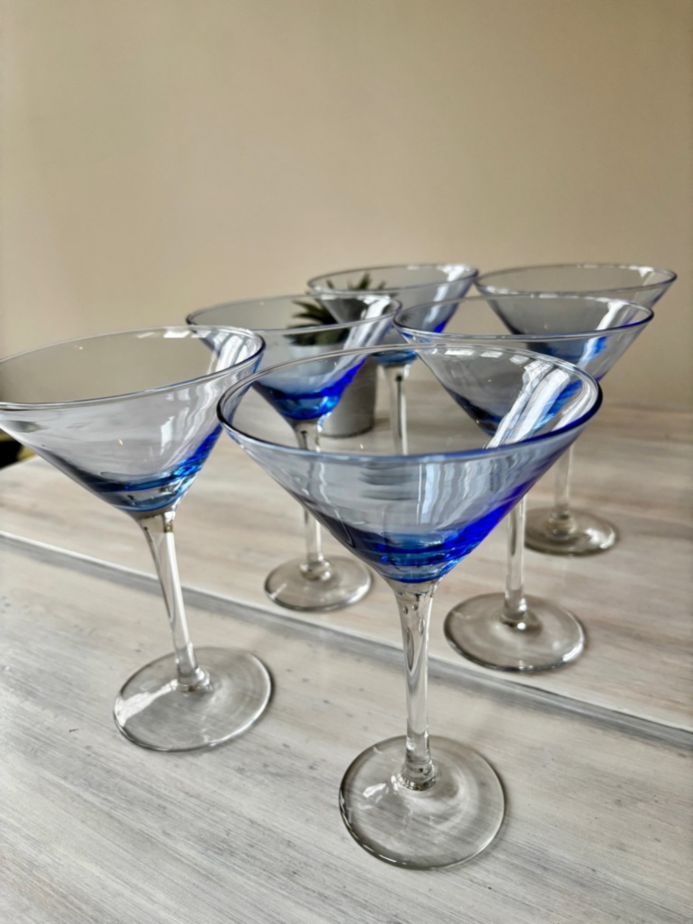 Martini Glass Set with Blue‑Tint Base. Set of Six.